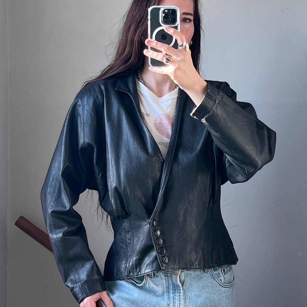 Vintage Avant Garde Black Leather Jacket Large Peplum Moto 90s Wilsons Leather L